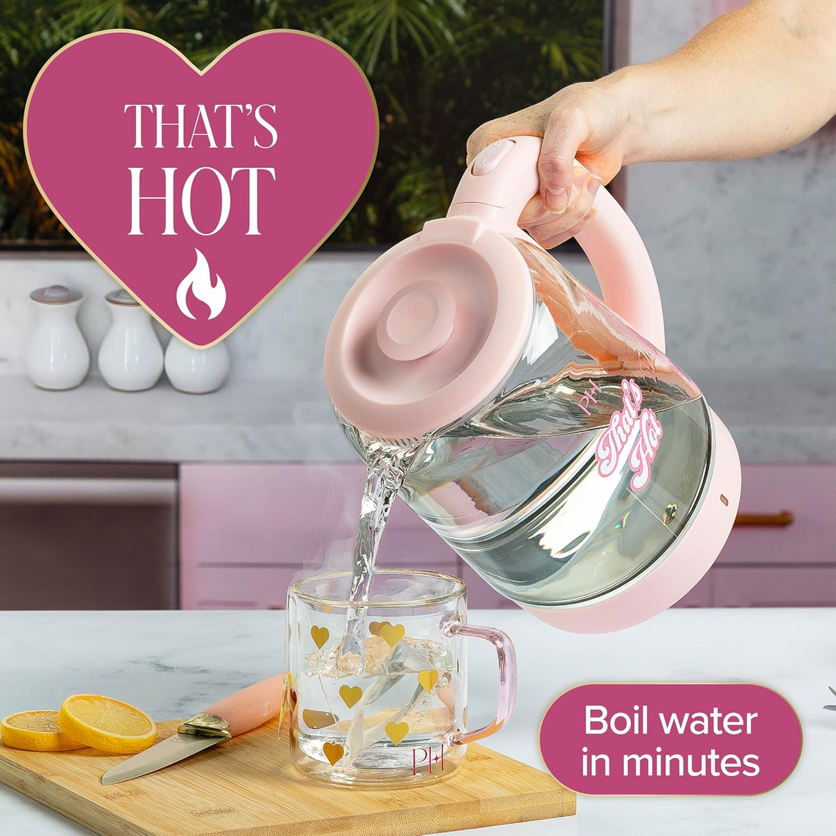 Paris Hilton Electric Kettle, Fast Boil with Auto Shut-Off, LED Indicator, 360° Base, Cord Storage, 1.8-Liter, Glass, Pink