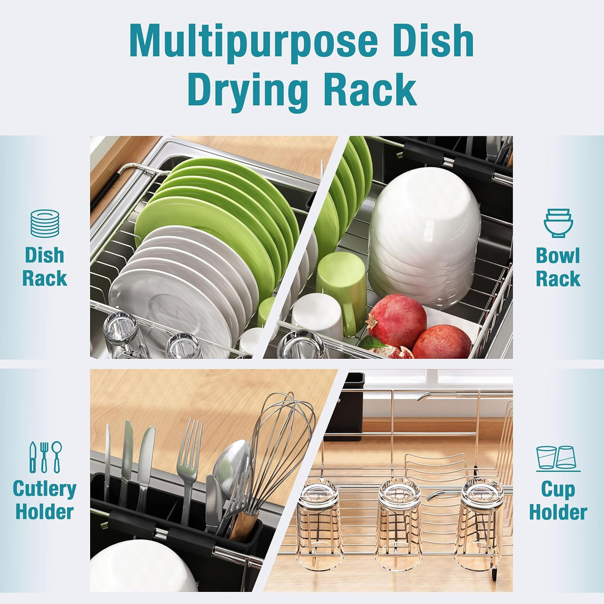 Dish Drying Rack in Sink, Expandable Stainless Steel Dish Drainers for Kitchen Counter, Dish Dryer Rack for Inside Sink, Over The Sink Dish Racks with Utensil Holder, Silver