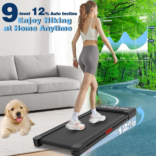 Walking Pad Treadmill with 12% 9-Level Auto Incline, 450 lbs Capacity RGB LED Screen, Bluetooth Speaker Under Desk Treadmill, Compact Treadmills for Home Hiking