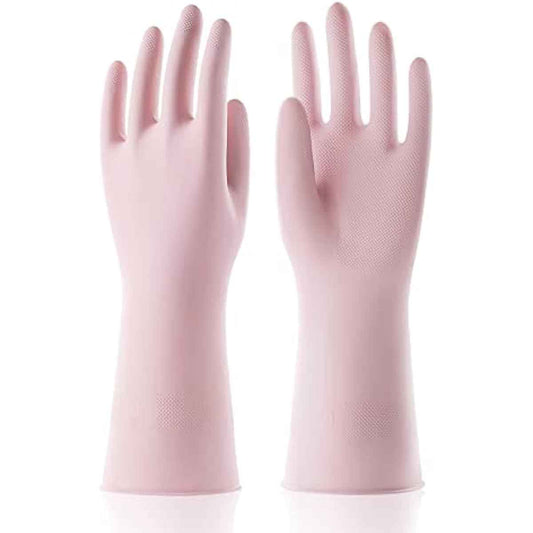 COOLJOB Medium Household Rubber Gloves with Cotton Liner & Non-slip Grip, Waterproof Long Lasting Dishwashing Gloves for Kitchen & Bathroom Cleaning, Light Pink, 1 Pair