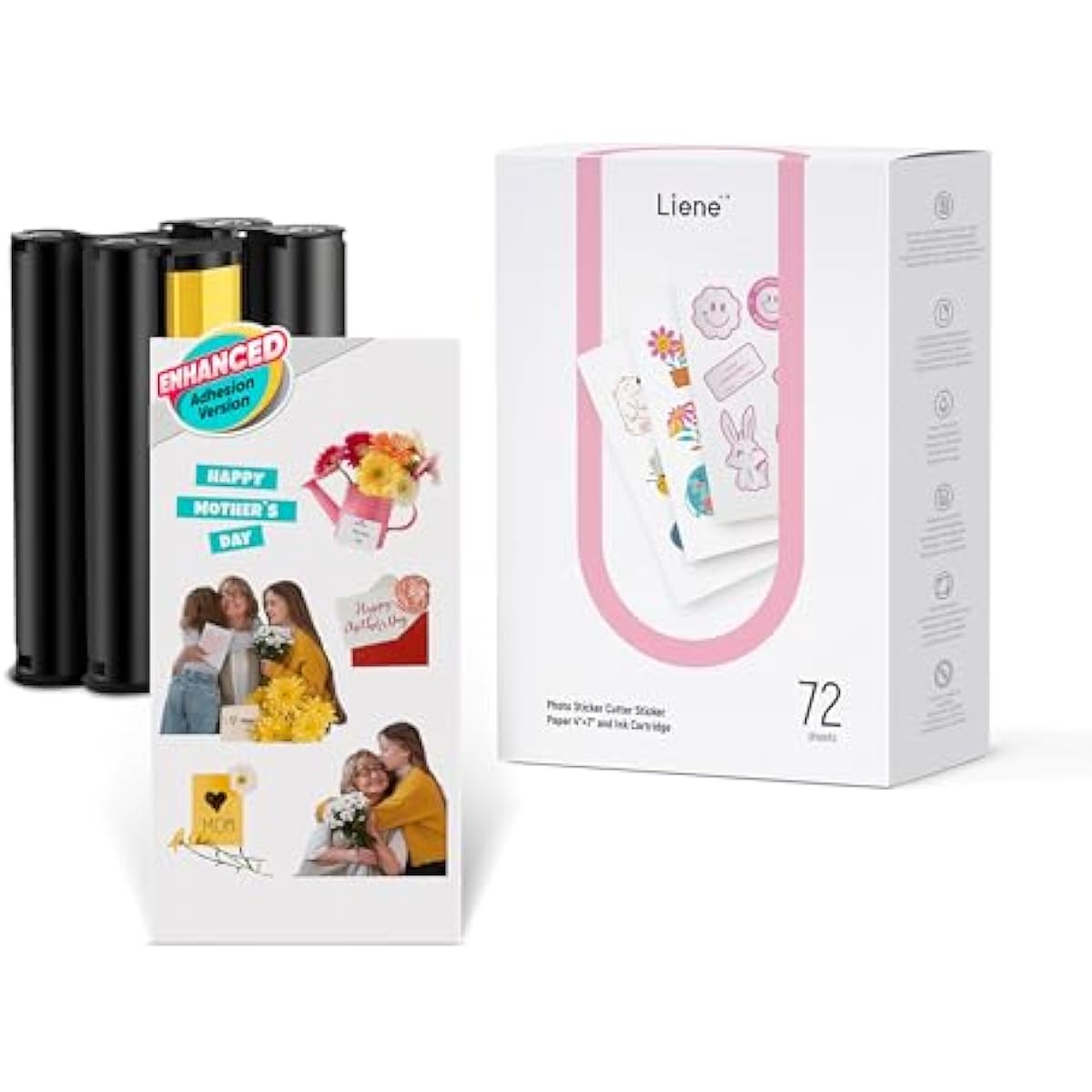 Liene Sticker Paper & Cartridge (Enhanced Adhesion Version) - Includes 2 Ink Cartridge Refills & 72 Sheets of 4x7" Printable Sticker Paper, Dye Sublimation, Compatible Only with Liene PixCut S1
