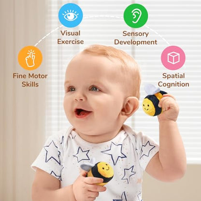 JoyCat soft baby beehive toy with 5 sensory bees for 6-12 months toddlers, rattle, crinkle paper, squeaker, mirror