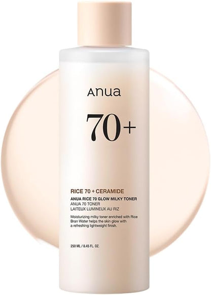 Anua Rice 70 Glow Milky Toner, Glass & Dewy Skin, Hydrating & Barrier Care, Rice Water, Niacinamide, Ceramides, All Skin Types, Fragrance-Free, Non Comedogenic, Korean Skincare, 8.45 fl.oz.