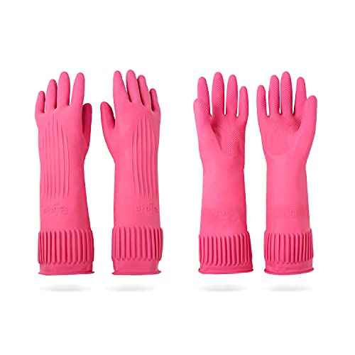 Mamison 2 Pairs Reusable Waterproof Household Dishwashing Cleaning Rubber Gloves, Non-Slip Kitchen Glove (Pink, Medium (Pack of 2))
