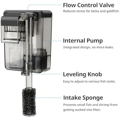 Nicrew Quiet Aquarium HOB Filter for Up to 5 Gallon Aquariums, Adjustable Flow, 42 GPH, 3W