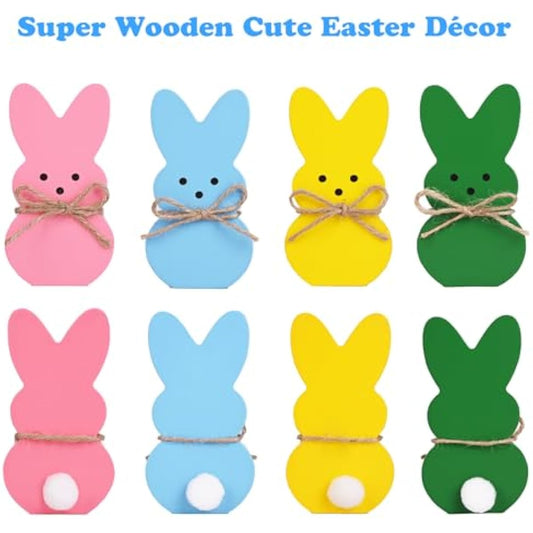 Easter Décor, 4 Pcs Wooden Peep Bunny Decorations for Tiered Tray, Mantel, Farmhouse, Cute Spring Signs for Home, Office, Party Supplies