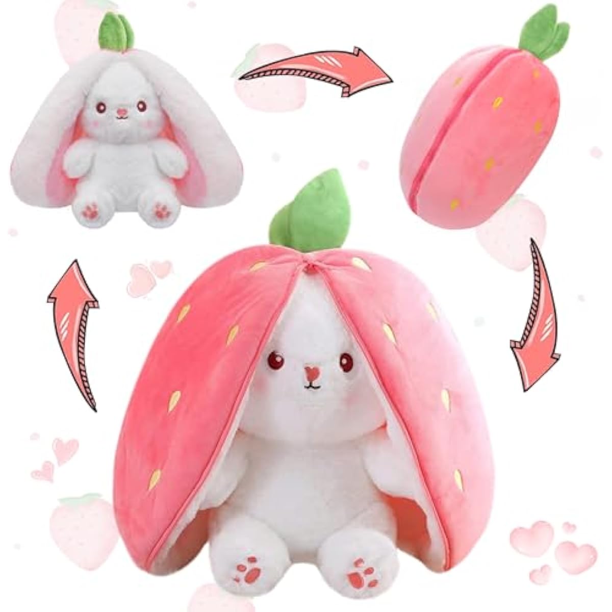 MIAODAM Bunny Stuffed Animal Reversible Cuddle Bunny Stuffed,Strawberry Bunny Transformed Rabbit Plush Zipper,Turns Into Ears Bunnies Plushies Toy Cute Stuffy Doll Easter Girlfriend Gift