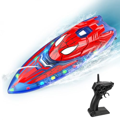 Spider Hero RC Boat, 2.4GHz Remote Control Boat with LED Lights for Kids, Pool Toy with 2 Rechargeable Batteries, Spray Function, and Low Battery Alarm for Boys & Girls