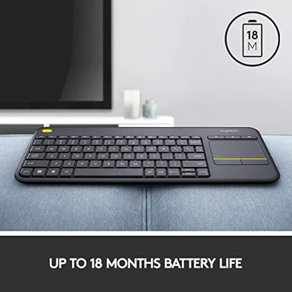 logitech k400 plus wireless touch tv keyboard with easy media control, htpc keyboard for pc-connected tv, android, windows