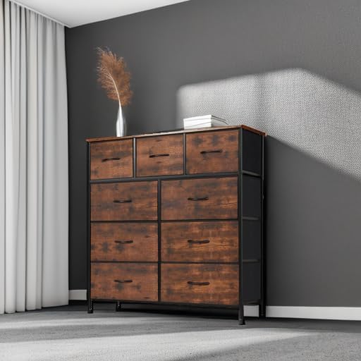 DUMOS Dresser for Bedroom, Storage Organizer with 9 Drawers, Chest of Drawers with Fabric Bins, Sturdy Metal Frame, Wood Tabletop for Guest Room, Closet, Entryway, Brown
