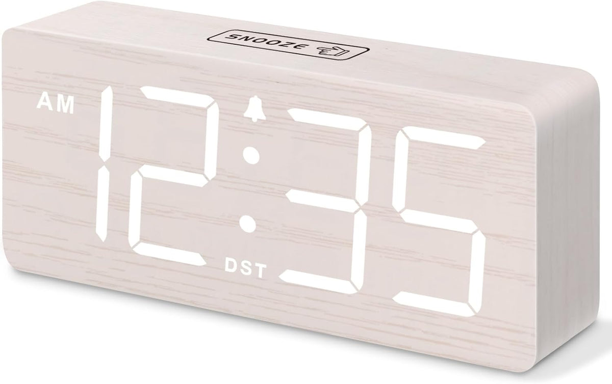 DreamSky Wooden Digital Alarm Clock for Bedroom - Desk Clock for Living Room with Large Numbers, Dimmer, Loud Alarm for Heavy Sleepers with Volume Control, DST, Office Wood Decor (Plug in Clock)