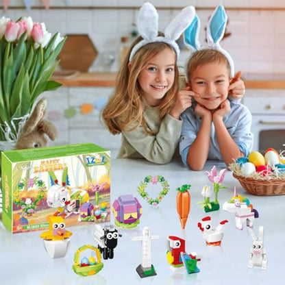 12Pcs Easter Egg Fillers Building Kits, Easter Rabbit 12 in 1 Building Blocks Set, Easter Bricks Toy Gift Easter Egg Fillers, Easter Basket Stuffers, Easter Party Favors for Kids 6+