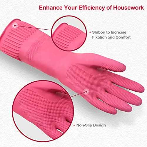 Mamison 2 Pairs Reusable Waterproof Household Dishwashing Cleaning Rubber Gloves, Non-Slip Kitchen Glove (Pink, Medium (Pack of 2))