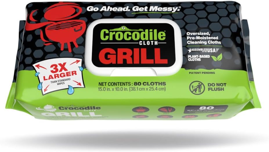 Crocodile Cloth Grill - 80 (15" x 10") Plant-based Cleaning Wipes. Safe on Skin & Multiple Surfaces. Infused with Aloe & Vitamin E. Large, Pre-Moistened & Absorbent.