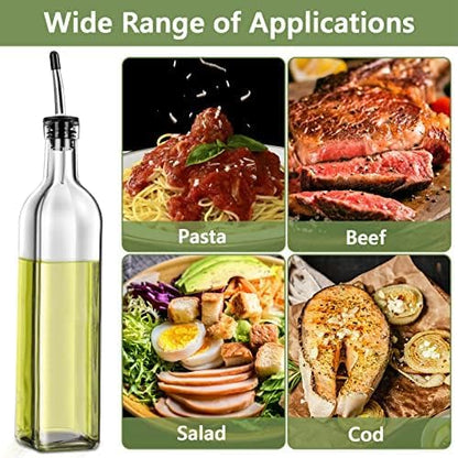 Olive Oil Dispenser Bottle, 2 Pcs Glass Olive Oil Dispenser and Vinegar Dispenser Set with 2 Stainless Steel Pourers, 4 Labels,1 Brush and 1 Funnel Oil Bottles for Kitchen (500ml)