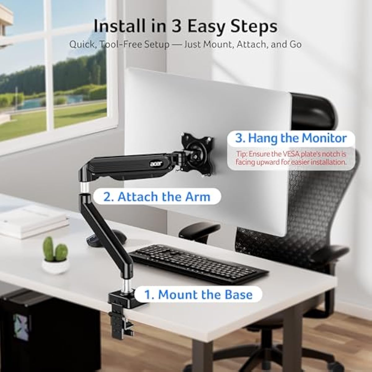Acer Single Monitor Mount, Fully Adjustable Monitor Arm Fits 17 to 34 Inch Screens, Gas Spring VESA Mount with C-Clamp & Grommet Base, Computer Desk Arm with Tilt Swivel Rotate Supports 4.4-19.8 lbs