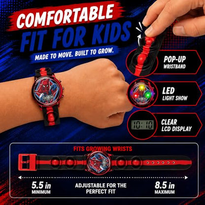 Accutime Marvel Spiderman Kids Digital LCD Wrist-Watch with Red, Green, and Yellow LED Light Show and Popper Strap for Boys, Girls, and Toddlers - Perfect for Learning Time and Fun