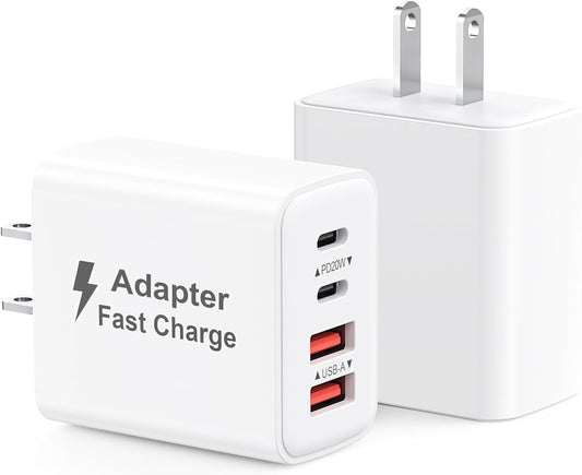 USB C Charger Block 40W, 2Pack 4-Port Type C Fast Charging Blocks PD USBC Plug Adapter + QC USB Wall Charger Cube Multiport Brick Compatible with iPhone 16 15 14 13 12 11 Pro Max XS, Samsung