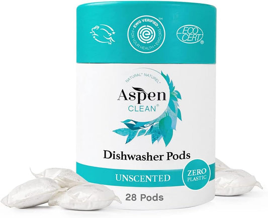 Unscented Dishwasher Pods by AspenClean, Dye-Free, Zero Plastic, EWG Verified™, Vegan, Eco-Friendly, Natural Dishwasher Detergent - 28 Count