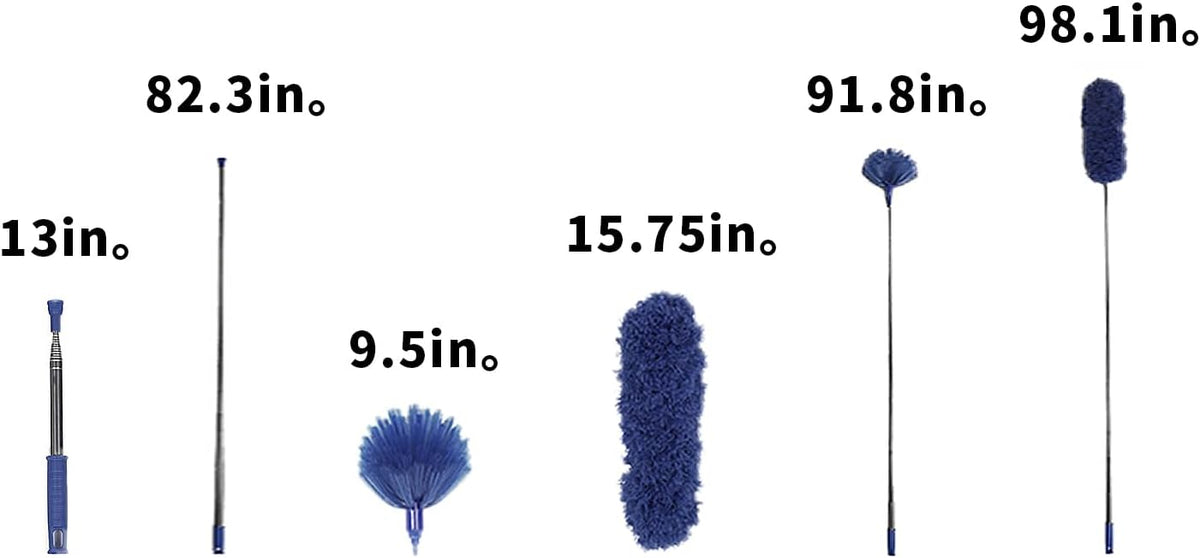 Cobweb Duster with Extension Pole, Washable Cleaning Duster Kit with 2 Duster Heads, Cobweb Duster, Corner Brush, Aluminum Telescoping Pole for Ceiling Fan (Blue)