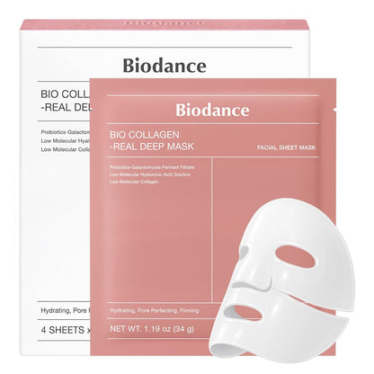 BIODANCE Bio-Collagen Real Deep Mask, Hydrating Overnight Hydrogel Face Mask, Pore Minimizing, Elasticity, Plumping Improvement, Korean Skin Care | 1.19oz(34g) x 4ea