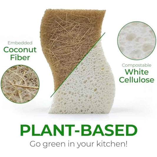 Biodegradable Natural Kitchen Sponge - Compostable Cellulose and Coconut Walnut Scrubber Sponge (12 Pack)