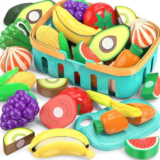Cutting Play Food Toys For Kids, Pretend Play Kitchen Accessories, Fake Fruits/Vegetables Set With Shopping Storage Basket, Plastic Board And Knife, Birthday Gifts/Educational Toy For Toddler Children
