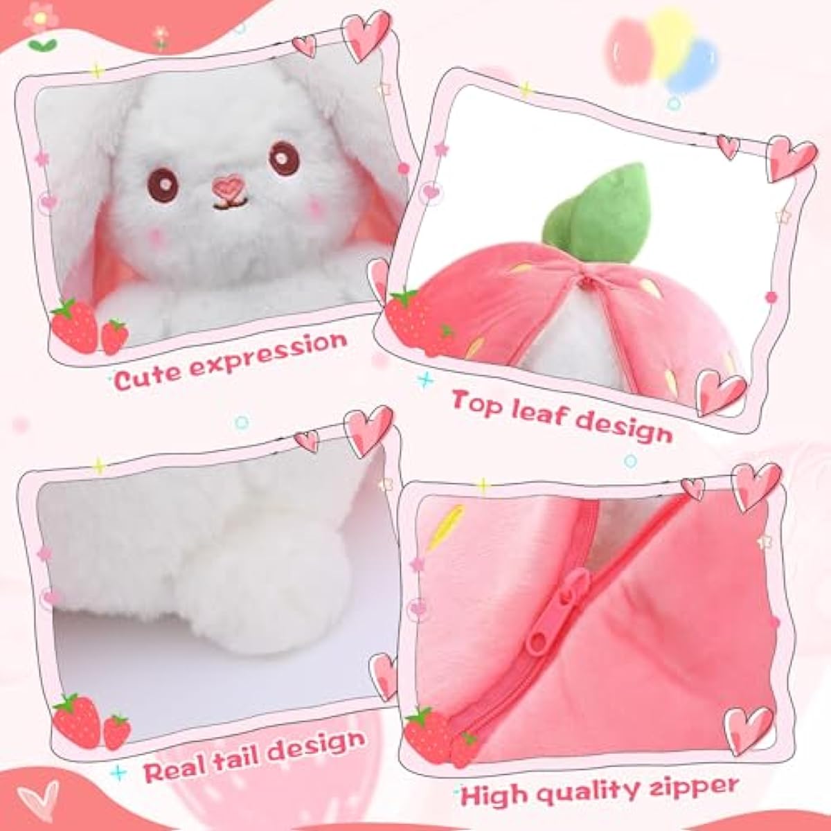 MIAODAM Bunny Stuffed Animal Reversible Cuddle Bunny Stuffed,Strawberry Bunny Transformed Rabbit Plush Zipper,Turns Into Ears Bunnies Plushies Toy Cute Stuffy Doll Easter Girlfriend Gift