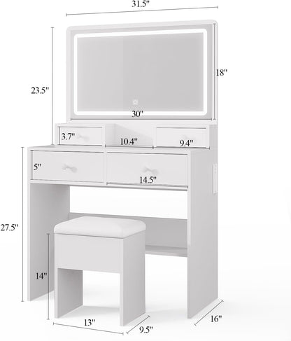 Haewon Vanity Desk with Mirror and LED Lights, White Makeup Vanity with Power Outlet, Storage Drawers and Chair, Dressing Table Set for Bedroom Dressing Room