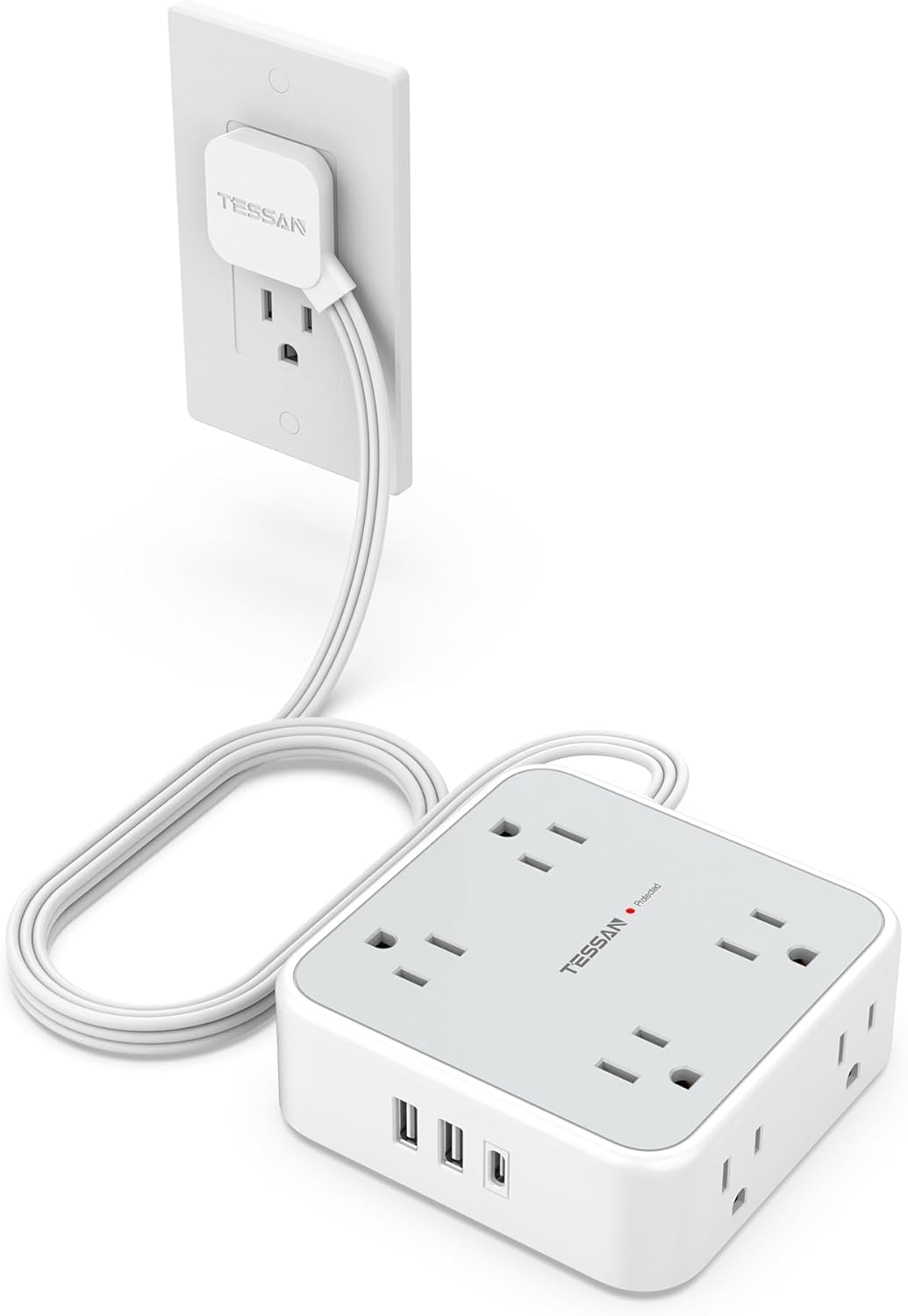 TESSAN Surge Protector Power Strip, 5 Ft Flat Plug Extension Cord with 3 USB (1 USB C) 8 Outlets, 1250W, 900J Protection, 3 Sided Outlet Extender with Power Switch for Office, Dorm Room Essentials