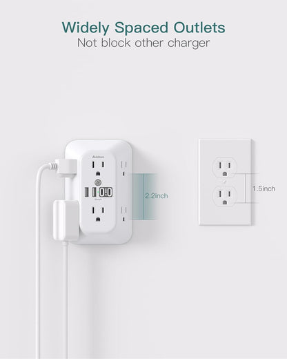 Addtam Surge Protector Outlet Extender, 6-Outlet Splitter with 4 USB Wall Charger(2 USB-C Ports), Multi Plug Wall Outlet 1800J Power Strip for Home Office Dorm Room Essentials