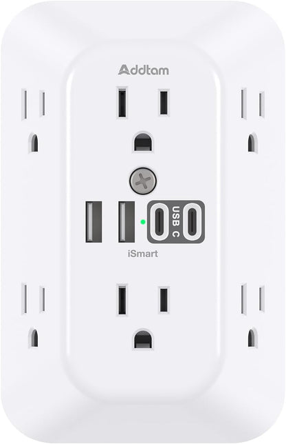 Addtam Surge Protector Outlet Extender, 6-Outlet Splitter with 4 USB Wall Charger(2 USB-C Ports), Multi Plug Wall Outlet 1800J Power Strip for Home Office Dorm Room Essentials