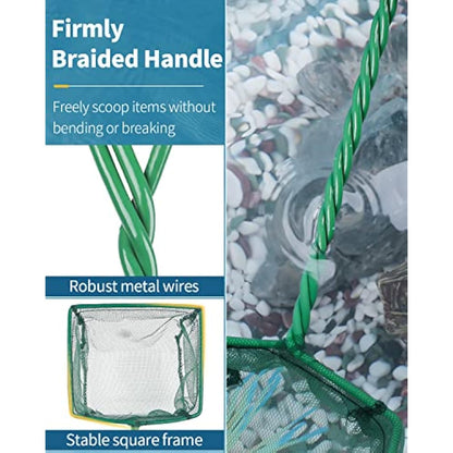 Pawfly green braided metal handle square aquarium net for fish tanks and small koi ponds