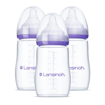 Lansinoh Anti-Colic Baby Bottles, BPA-Free Plastic, 8 Ounces, 3 Count, Medium Flow Nipples (Size M), Breastfeeding Bottle with NaturalWave Design