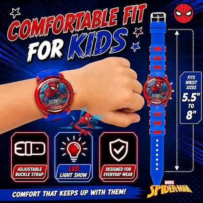 Marvel Spider-Man Kids' LCD Watch – Flashing LED Bullet Band, Digital Time Display, Red & Blue Design, Durable Plastic Case, Adjustable Silicone Strap – Fits Wrists 5.5" to 8"