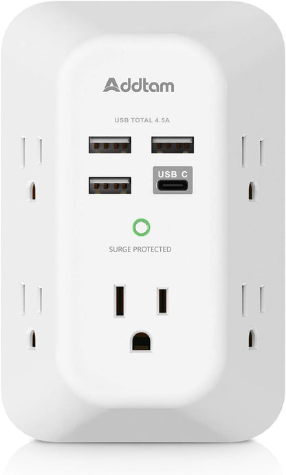 Addtam Surge Protector 5 Outlet Extender with 4 USB Ports & USB C