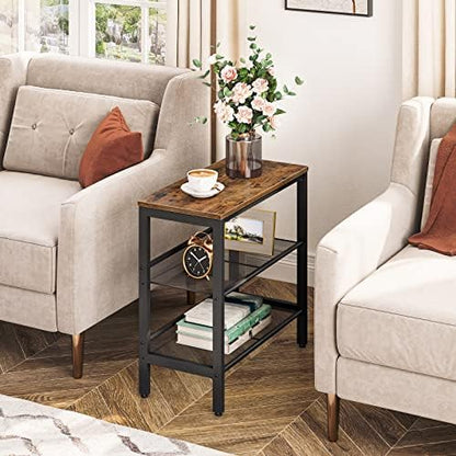 HOOBRO End Table, 3-Tier Narrow Side Table, Nightstand with 2 Flat or Slant Adjustable Shelves for Small Spaces, Hallway, Living Room, Bedroom, Sturdy, Easy Assembly, Rustic Brown and Black BF23BZ01G1