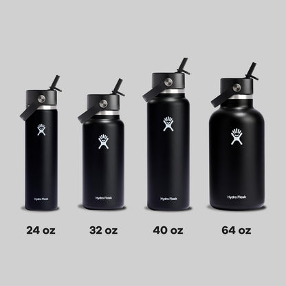 Hydro Flask Water Bottle - Insulated Stainless Steel - Wide Straw Lid, Non Spill, Leakproof in 32 Oz Black