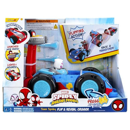 Jazwares Marvel Spidey and His Amazing Friends Team Spidey Flip and Reveal Cruiser - 11-Inch Double-Sided Vehicle with Lights, Sounds, and Web Blast Launchers