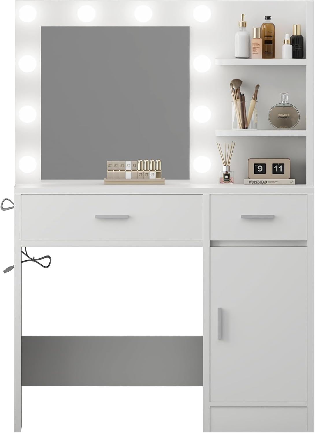 Lighted Makeup Vanity Desk, 35.4“W x 15.7'”D x 54“H, White (with Lights and Mirror, Dimming Function, 2 Drawers and 1 Cabiniet, Open Shelves) by Boahaus