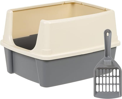 Basics Large Cat Litter Box with High Sides, Open Top, Includes Scoop, 19 x 15 x 11.75 inches, Grey/Beige