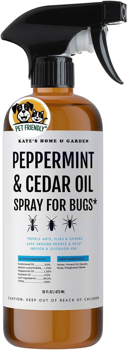 Kate's Home & Garden Peppermint Oil Spray for Bugs, Ants, Insects, Spiders, Roaches, Stink Bug. Pesticide and Insecticide Indoor Repellent Pest Control with Cedar Oil (16oz, Natural, Non Toxic)