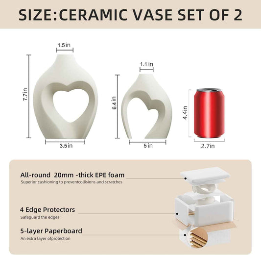 White Vases for Decor, Heart Shaped Ceramic Vase Set of 2, Nordic Heart Shaped Vases, Minimalist Decorative Vase for Table Centerpiece Wedding Dining Living Room Office House Decoration