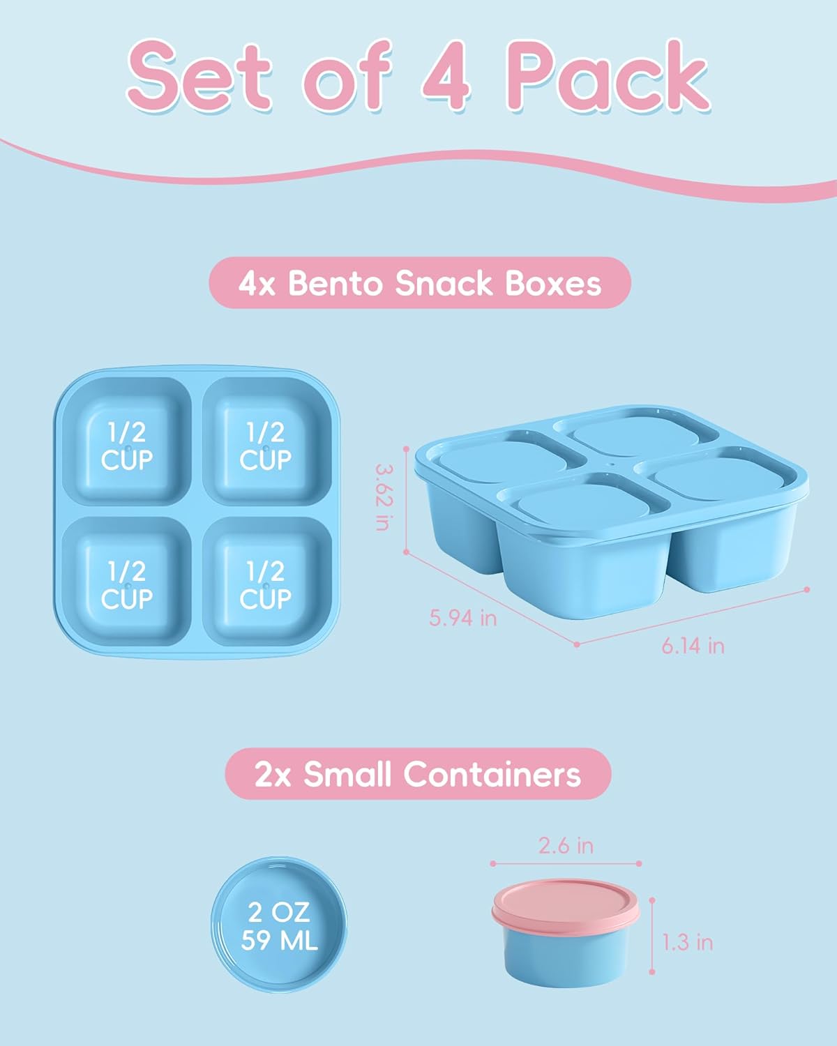 4 Pcs Snack Box Containers Set, Reusable 4 Compartment Lunchable Container with 2Pcs Sauce Containers, Stackable BPA-Free Bento Box for School, Work, Travel (4 Color)