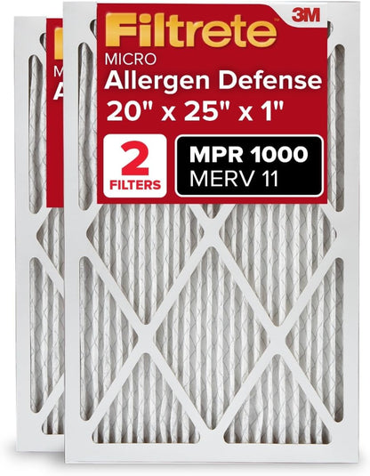 Filtrete 20x25x1 AC Furnace Air Filter, MERV 11, MPR 1000, Micro Allergen Defense, 3-Month Pleated 1-Inch Electrostatic Air Cleaning Filter, 2 Pack (Actual Size 19.688 x 24.688 x 0.84 in)
