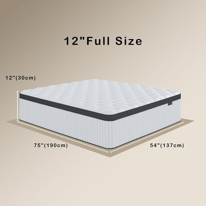 Full Size Mattress, 12 Inch Memory Foam, Independent Spring, Soft and Comfortable Medium Firm Hybrid Mattress in A Box, Pressure Relief