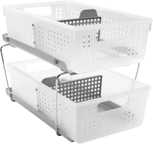 madesmart 2 Tier Bath Organizer, Undersink Storage with Sliding Drawers, for Cleaning Supplies, Pantry, Sponges, Bottles & Kitchen Essentials, Adjustable Dividers & Pull Out Sliding Baskets, Frost