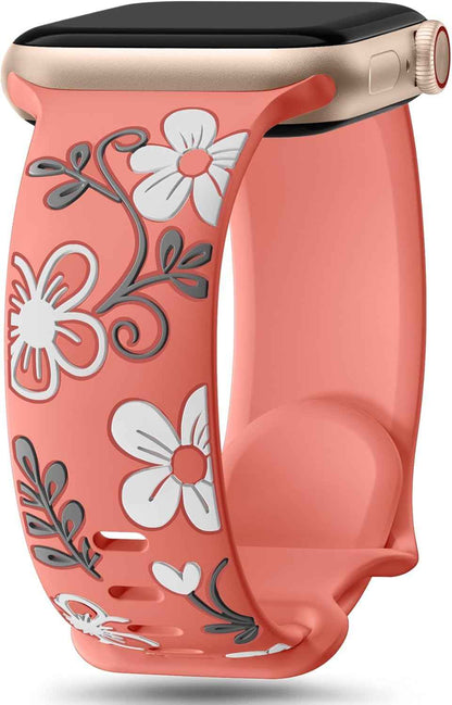 Witzon Floral Band Compatible with Apple Watch Bands For Women 40mm 41mm 38mm 42mm 44mm 45mm 46mm 49mm, Engraved Cute Flower Silicone Dressy Strap for iWatch Series 11 10 9 8 7 6 5 4 3 2 SE Ultra
