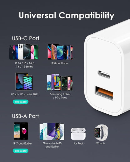 [4 Pack] USB C Charger Block Fast Charging Multiport Adpater [PD 20W USB-C & QC 3.0 USB-A Port] for i Phone 17/16/15/14/13/12/11/X/8, i Pad, Galaxy, Google, Galaxy & More - Rayz Mart