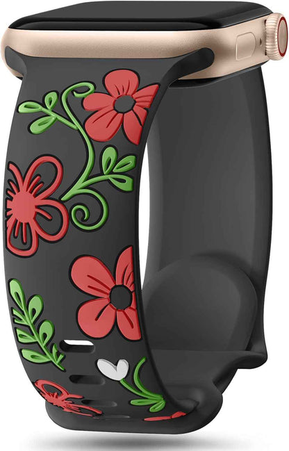 Witzon Floral Band Compatible with Apple Watch Bands For Women 40mm 41mm 38mm 42mm 44mm 45mm 46mm 49mm, Engraved Cute Flower Silicone Dressy Strap for iWatch Series 11 10 9 8 7 6 5 4 3 2 SE Ultra